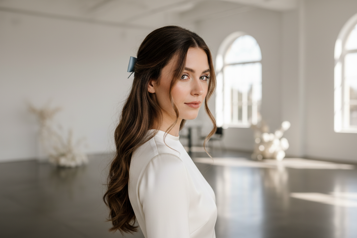 a chic bride with pretty hair. simple but chic venue. focal point is the hair, its down. Light blue bow made out off ribbon. 