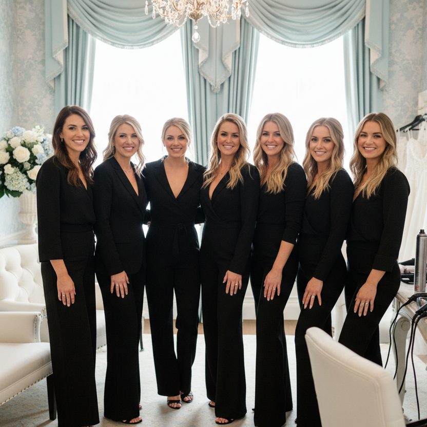 a team of hairstylists in all black getting ready to do hair on wedding day for a bride and bridesmaids. in a bridal suite that is mostly white with light blue accents. the hairstylists look chic and stylish and it looks like they were doing a team huddle and then the photographer asked to take a picture of them so they are all smiling and looking at the camera.