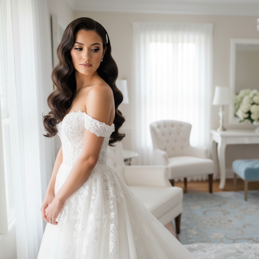 bride getting ready in her bridal suite that is elegant with lots of white and light blues behind her. The bride has a beautiful long curly hollywood wave, pulled to the side elegant hair style and the brides wedding dress is off the shoulder style. Her makeup is soft glam