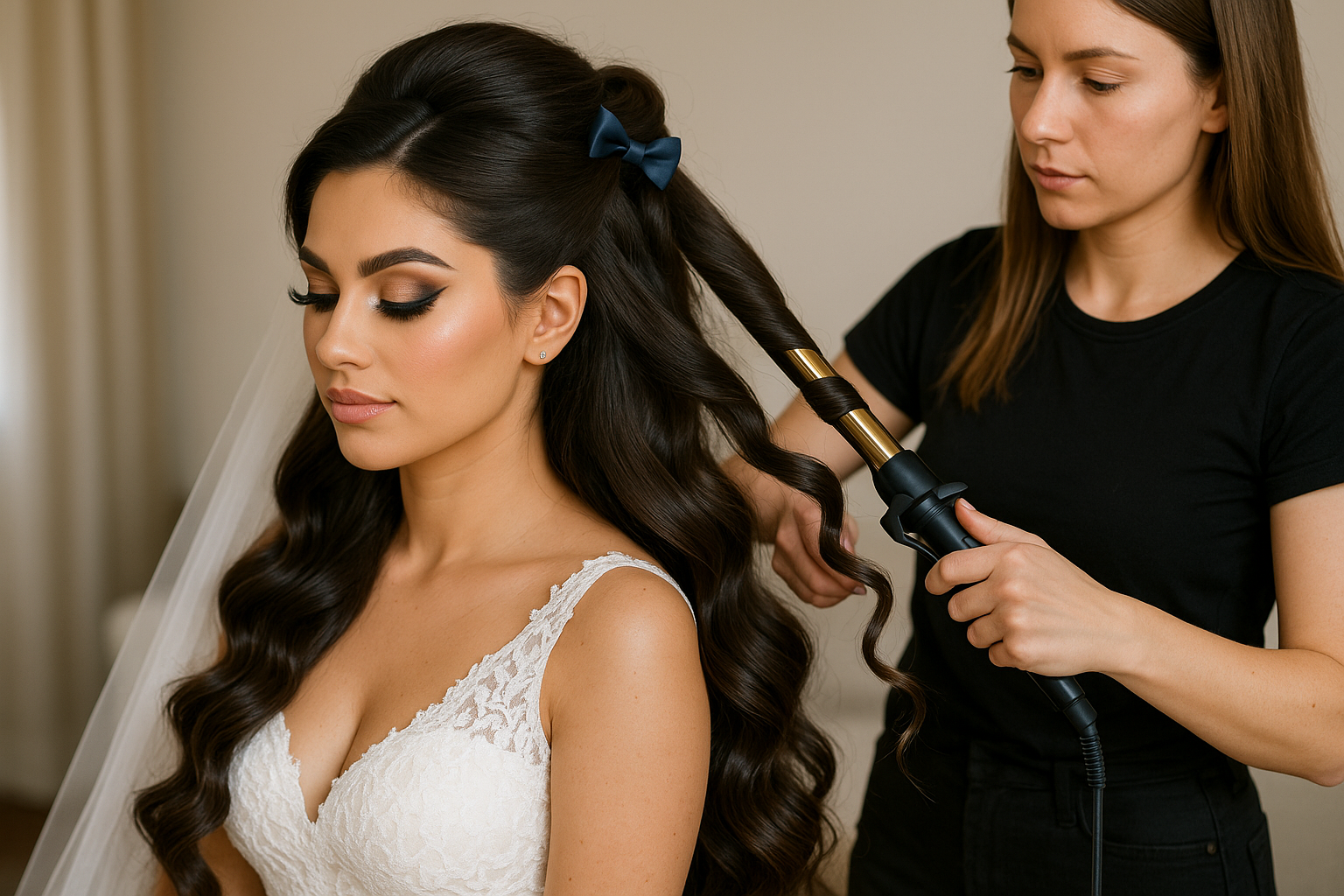 bride with glam makeup on getting her long thick hair curled by a hairstylist in all black - bride has a little blue satin bow in her hair that is half up