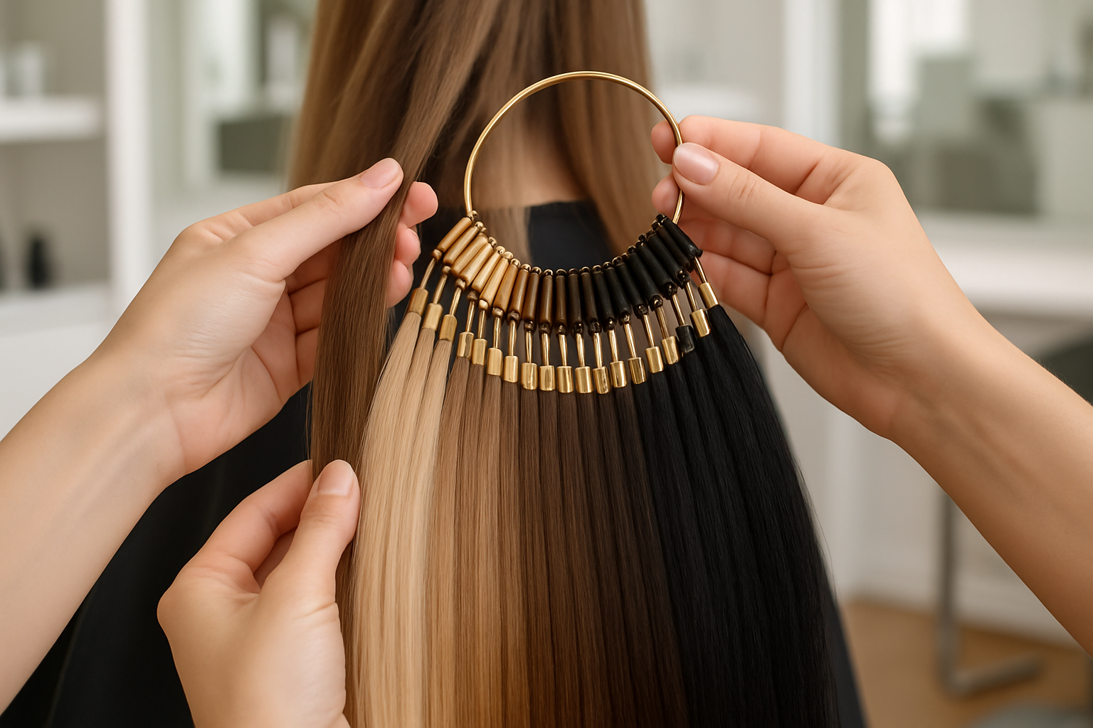 consultation for hair extensions looking at a swatch ring to color match 