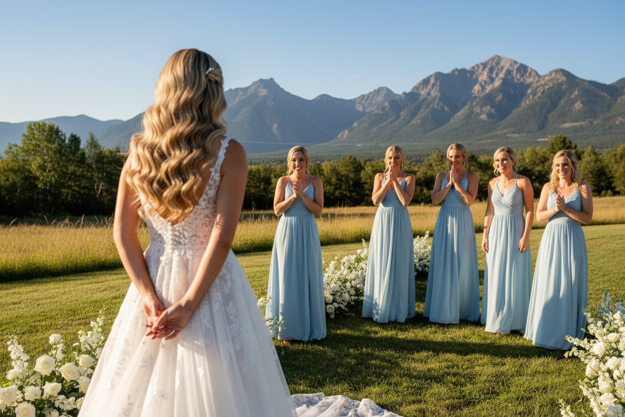 first look of bridesmaids in light blue bridesmaid dresses seeing the bride for the first time and we sre seeing the back of the bride and her long beautiful hollywood waves hairstyle. The picture is taken outside on a beautiful blue sky day with mountains in the distance 