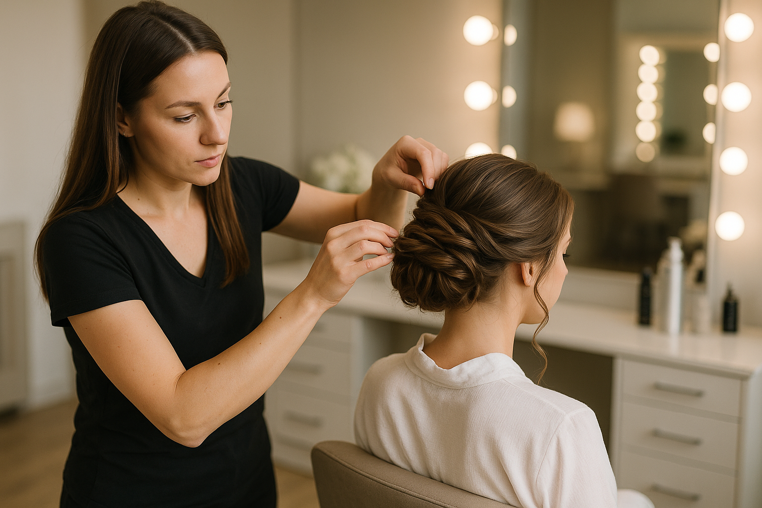 hairstylist professional doing a brides hair 