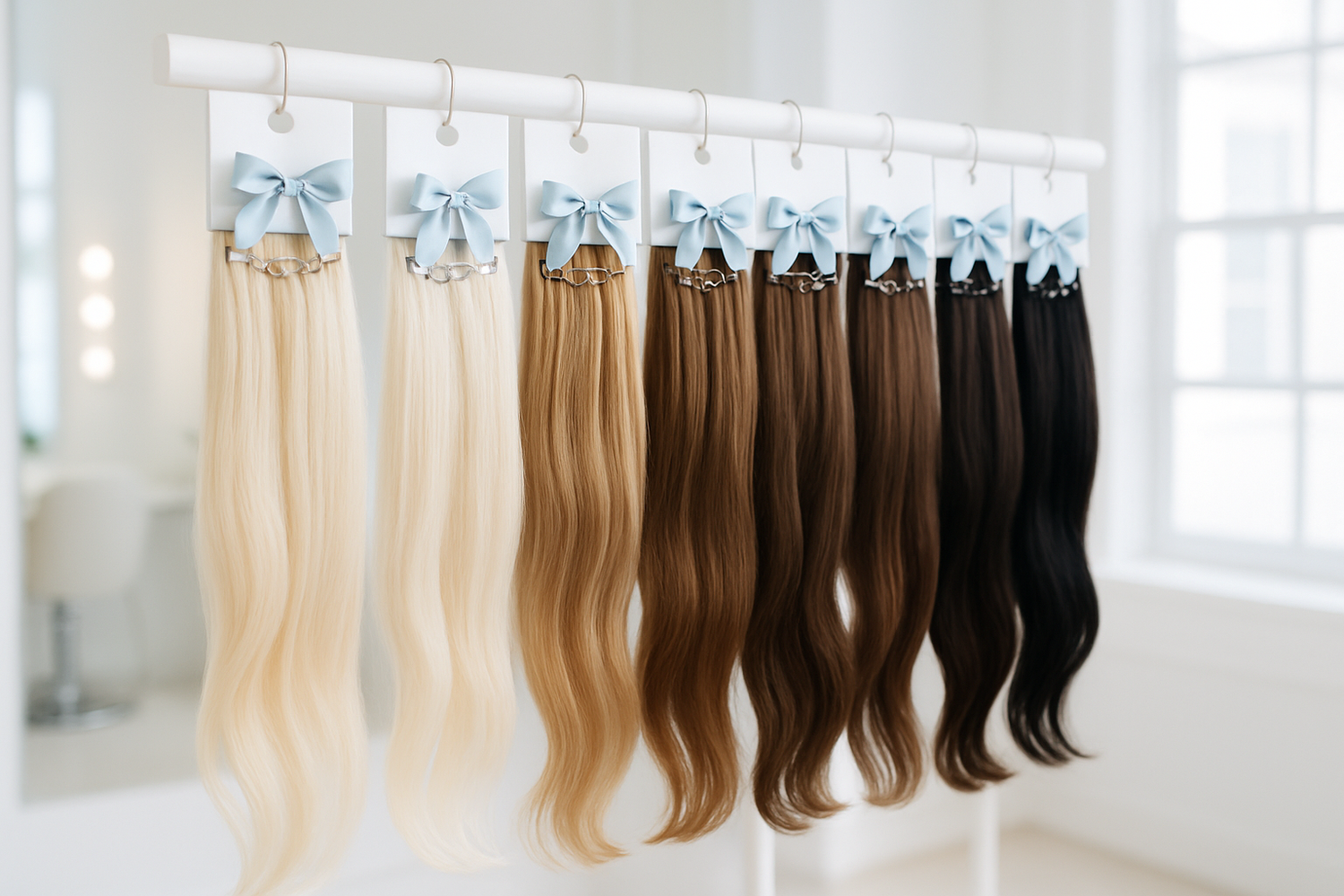 inventory of clip-in hair extensions hanging in a beautiful salon space with the overall image branded clean, professional, with whites and baby blues. maybe even the hair packaging have hints of baby blue bows on them but you can clearly tell its hair extensions not too much focus on the room or packaging. 